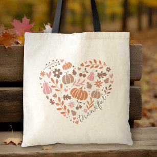 Thankful Seasonal Fall Heart Graphic Tote Bag