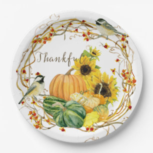Thankful Sunflower Watercolor Floral Fall Pumpkin Paper Plate