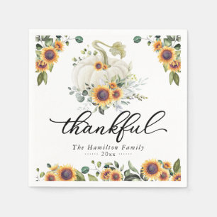 Thankful Sunflowers White Pumpkin Thanksgiving Napkin