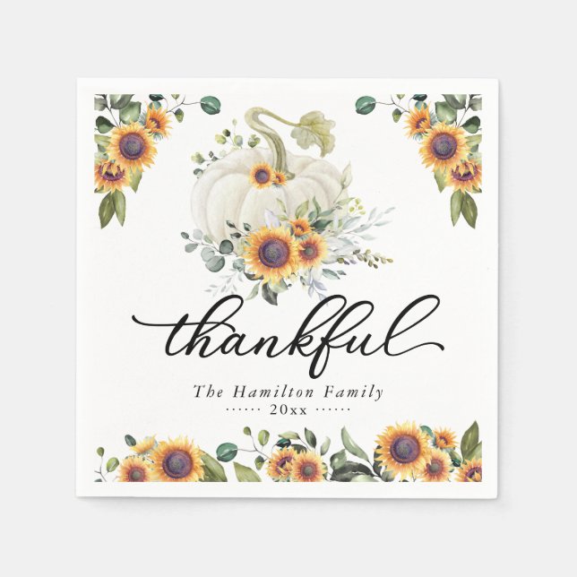 Thankful Sunflowers White Pumpkin Thanksgiving Napkin (Front)