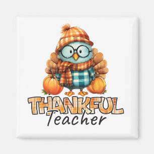 Thankful Teacher Autumn Owl with Pumpkins & Plaid Magnet