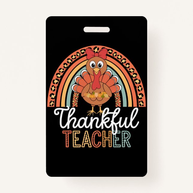 Thankful Teacher Blessed Thanksgiving School ID Badge (Front)
