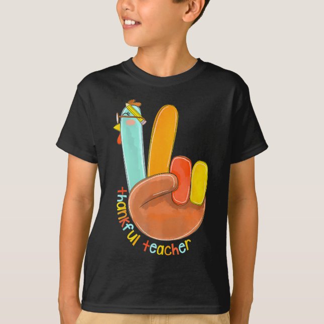 Thankful Teacher Funny Thanksgiving Peace Hand Sig T-Shirt (Front)