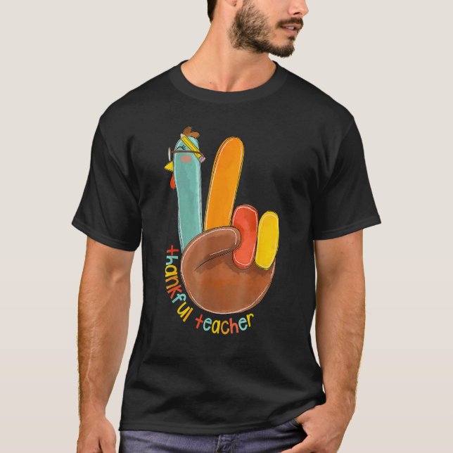 Thankful Teacher Peace Hand Sign T-Shirt (Front)