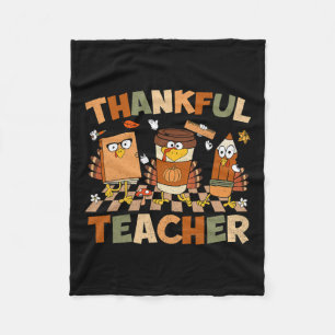 Thankful Teacher Retro Groovy Thanksgiving Fall Wo Fleece Blanket