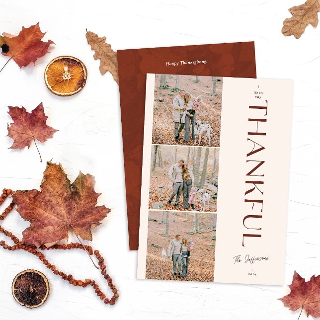 Thankful Thanksgiving Custom 3 photo Holiday Card (Thankful Thanksgiving 3 photo card show with red backside pattern on a white fall table flatlay )
