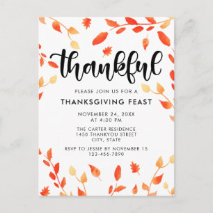 Thankful Thanksgiving Dinner Fall Autumn Leaves Postcard