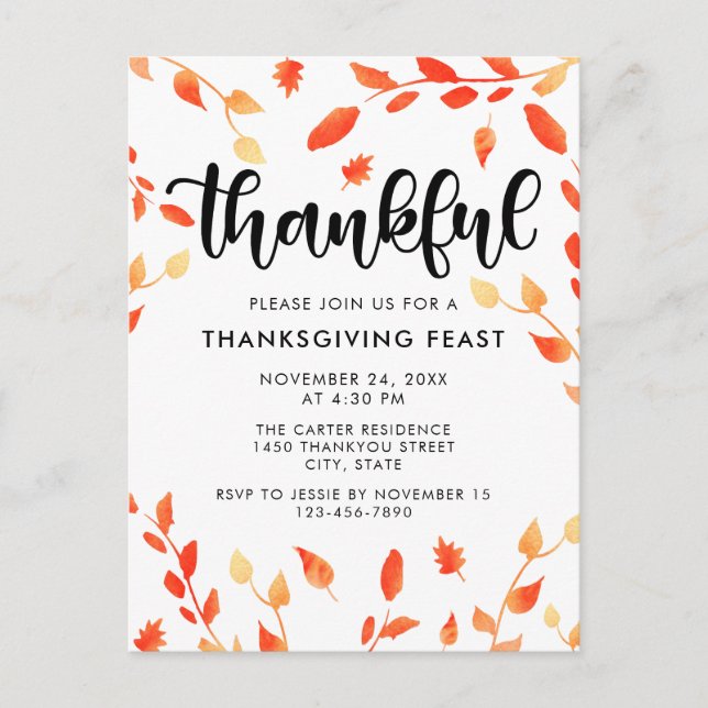 Thankful Thanksgiving Dinner Fall Autumn Leaves Postcard (Front)