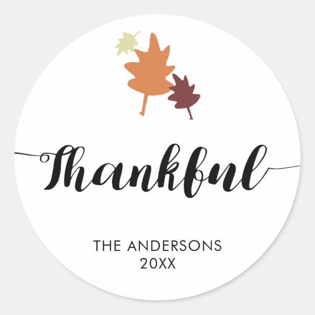 Thankful Thanksgiving Fall Leaves Minimal Script Classic Round Sticker (Front)