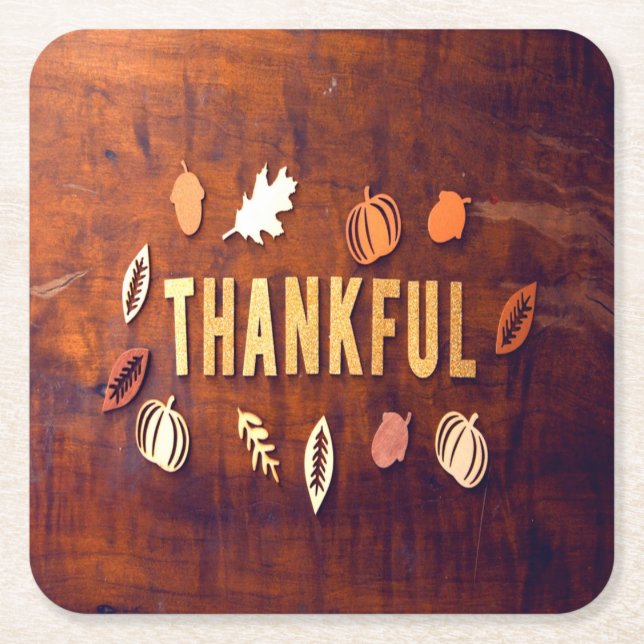 Thankful Thanksgiving Fall Leaves Pumpkin Square Paper Coaster (Front)