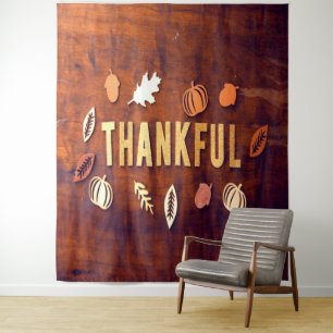 Thankful Thanksgiving Fall Leaves Pumpkin Tapestry