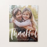 Thankful thanksgiving family photo custom jigsaw puzzle<br><div class="desc">Put your family photo on a puzzle along with a bold modern script "thankful." Makes a great activity for the family but also a great gift for grandparents or parents or anyone else you're thankful for.</div>