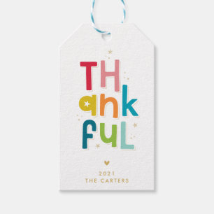 THANKFUL thanksgiving modern bright colourful type Gift Tags