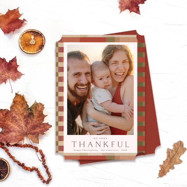 Thankful Thanksgiving photo  Holiday Card (So very Thankful. Happy Thanksgiving photo holiday card on a white background with fall leaves.
)