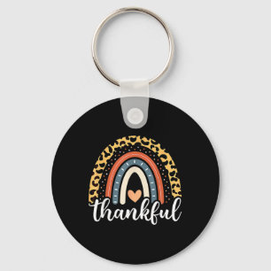 Thankful Thanksgiving Rainbow Leopard Print Key Ring