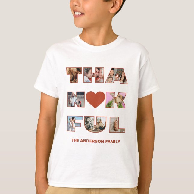 Thankful Thanksgiving Terracotta 8 Photo Collage T-Shirt (Front)
