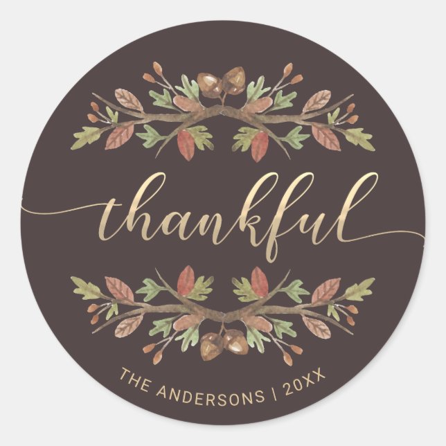 THANKFUL THANKSGIVING WATERCOLOR FALL FOLIAGE CLASSIC ROUND STICKER (Front)
