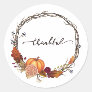 Thankful Thanksgiving Wreath Classic Round Sticker