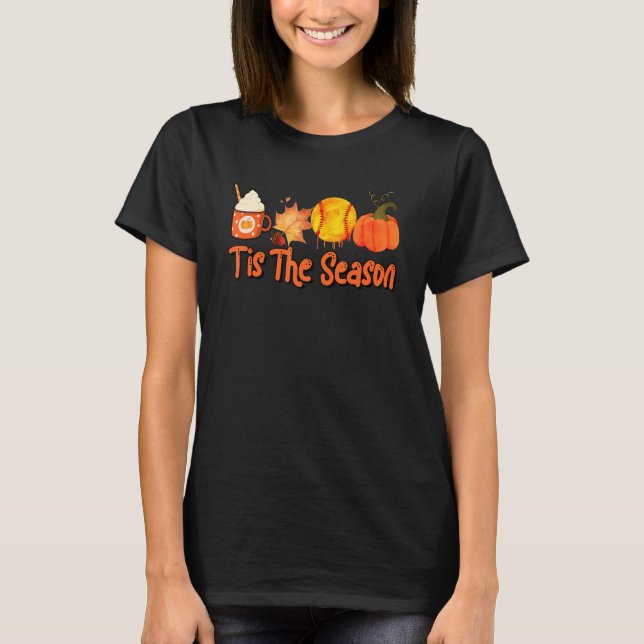 Thankful Tis The Season Softball Pumpkin Latte Cof T-Shirt (Front)