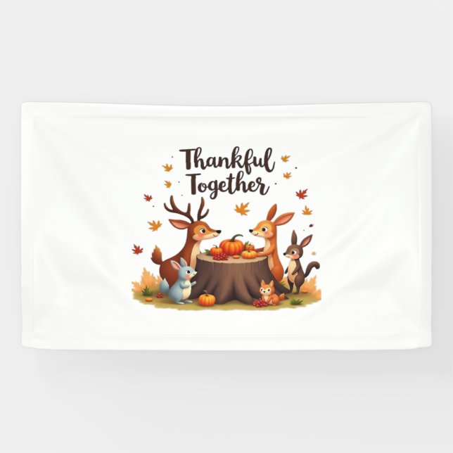 Thankful Together – Cute Woodland Animals Thanksgi Banner (Horizontal)