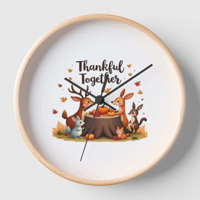 Thankful Together – Cute Woodland Animals Thanksgi Clock (Front)