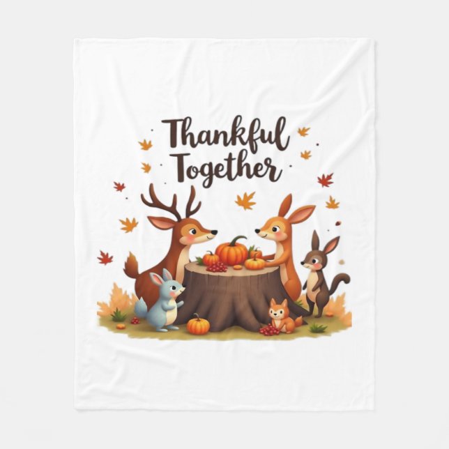 Thankful Together – Cute Woodland Animals Thanksgi Fleece Blanket (Front)