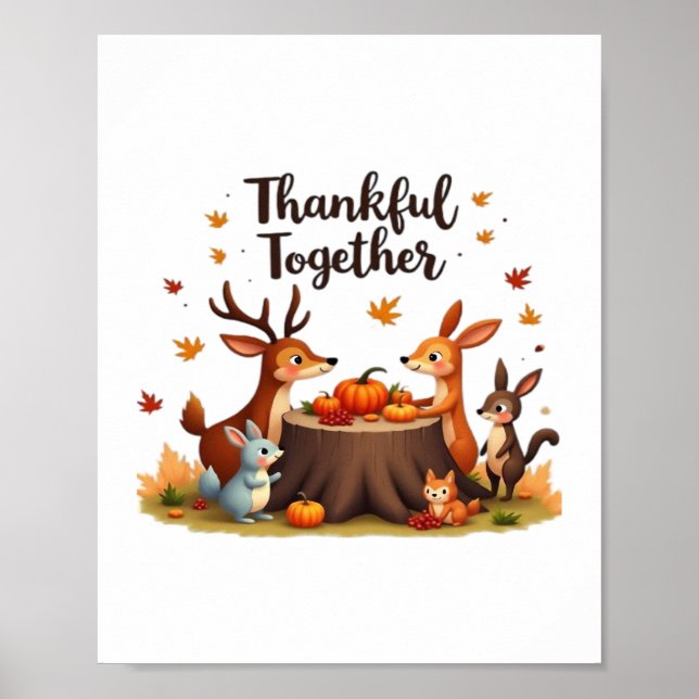 Thankful Together – Cute Woodland Animals Thanksgi Poster (Front)