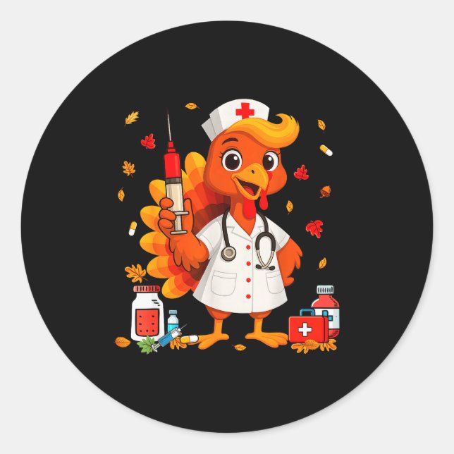 Thankful Turkey Funny Scrub Nurse Fall Thanksgivin Classic Round Sticker (Front)