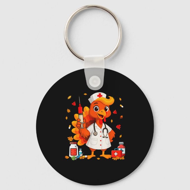 Thankful Turkey Funny Scrub Nurse Fall Thanksgivin Key Ring (Front)