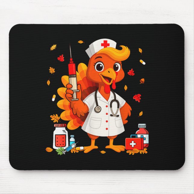 Thankful Turkey Funny Scrub Nurse Fall Thanksgivin Mouse Mat (Front)