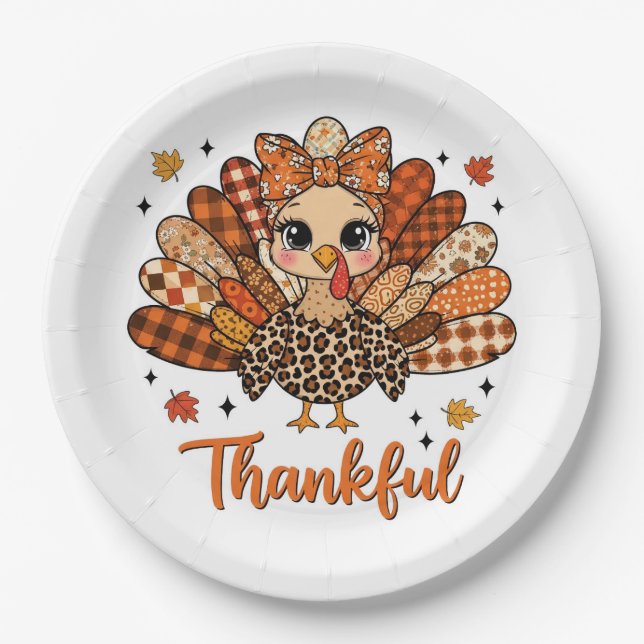Thankful Turkey with Autumn Patchwork Feathers Paper Plate (Front)