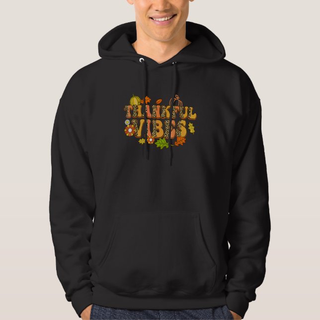 Thankful Vibes Leopard Retro Pumpkin Thanksgiving Hoodie (Front)