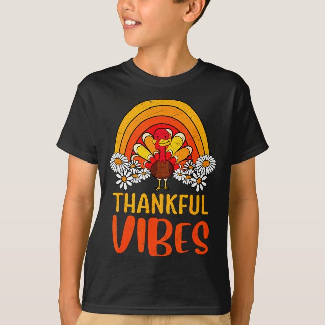 Thankful Vibes Turkey Retro Groovy Thanksgiving Ra T-Shirt (Front)