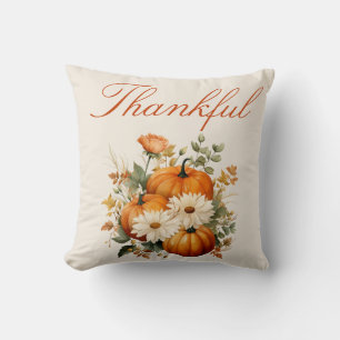 Thankful Watercolor Pumpkin Floral Fall Autumn Cushion
