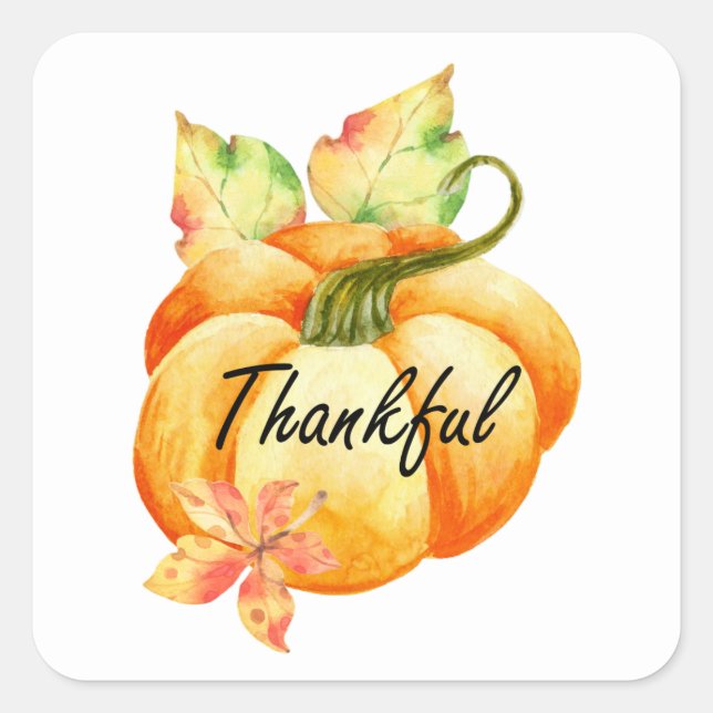 Thankful Watercolor Pumpkin Thanksgiving  Square Sticker (Front)