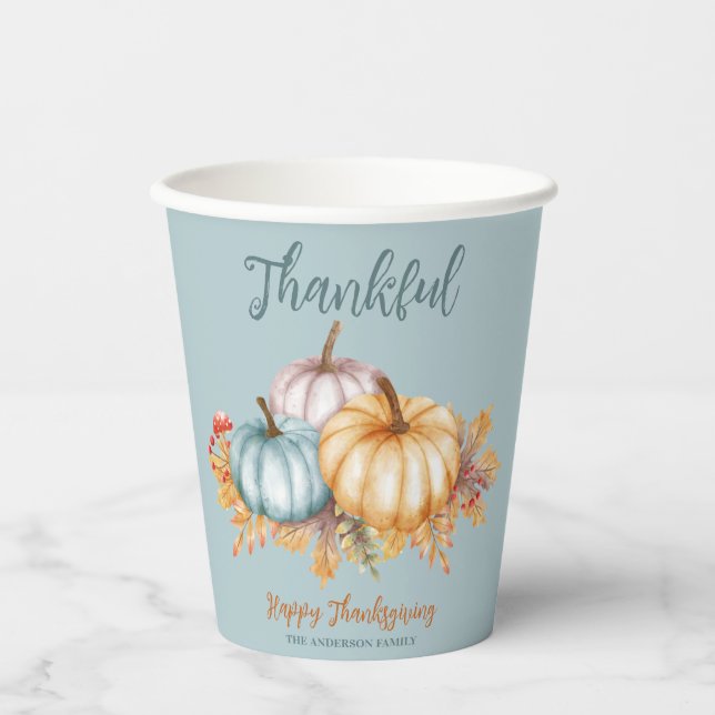 Thankful watercolor pumpkins Happy Thanksgiving Paper Cups (Front)