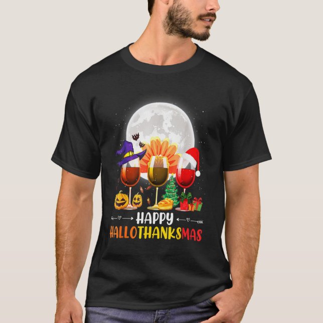 Thankgiving Halloween Wine Glass Happy Hallothanks T-Shirt (Front)