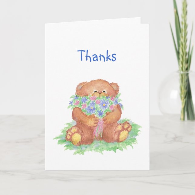 Thanks a Bunch Humour, Teddy Bear Flowers Thank You Card (Front)