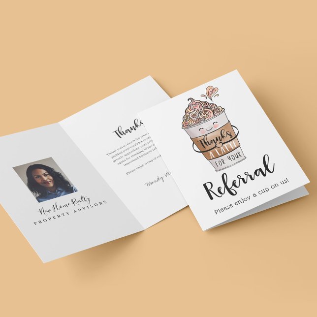 Thanks a Latte For Your Referral Kawaii Coffee Cup Thank You Card (Creator Uploaded)