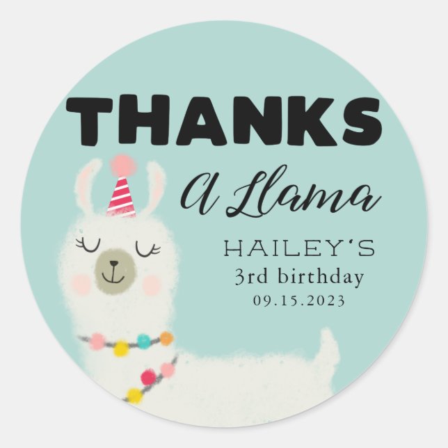 Thanks A Llama Birthday Party Favour Classic Round Sticker (Front)