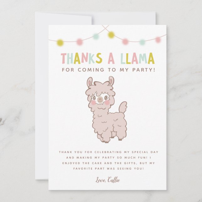 Thanks A Llama Cute Kids Birthday Party Thank You Card (Front)