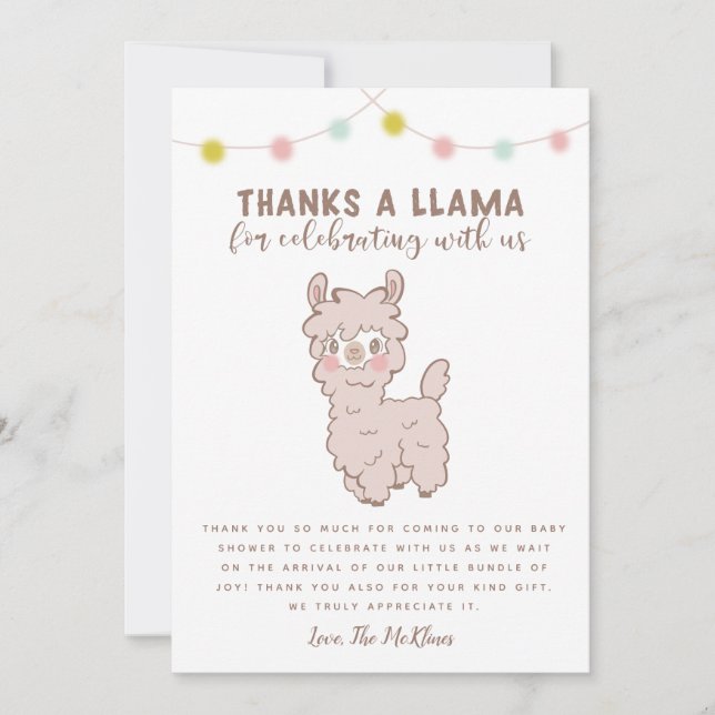 Thanks A Llama Gender Neutral Baby Shower Thank You Card (Front)