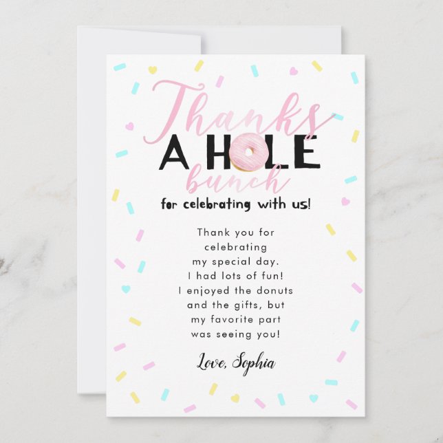 Thanks A Whole Bunch Doughnut Theme Birthday Party Thank You Card (Front)