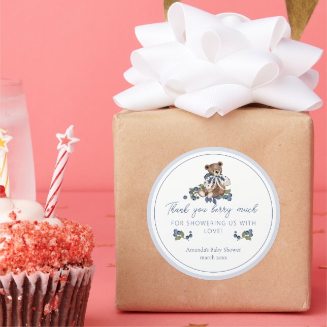 Thanks Berry Much Blueberry Bear Baby Boy Shower Classic Round Sticker (Party)