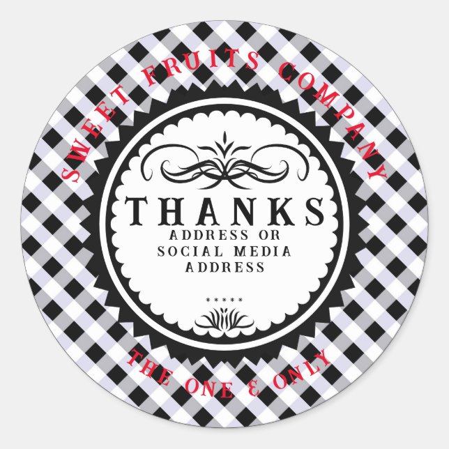 Thanks Black White Gingham Classic Round Sticker (Front)