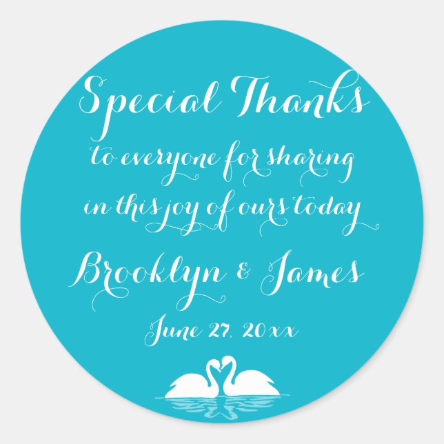 Thanks Blue White Wedding Stickers With Swans (Front)