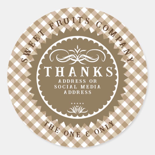 Thanks Brown Gingham Classic Round Sticker (Front)