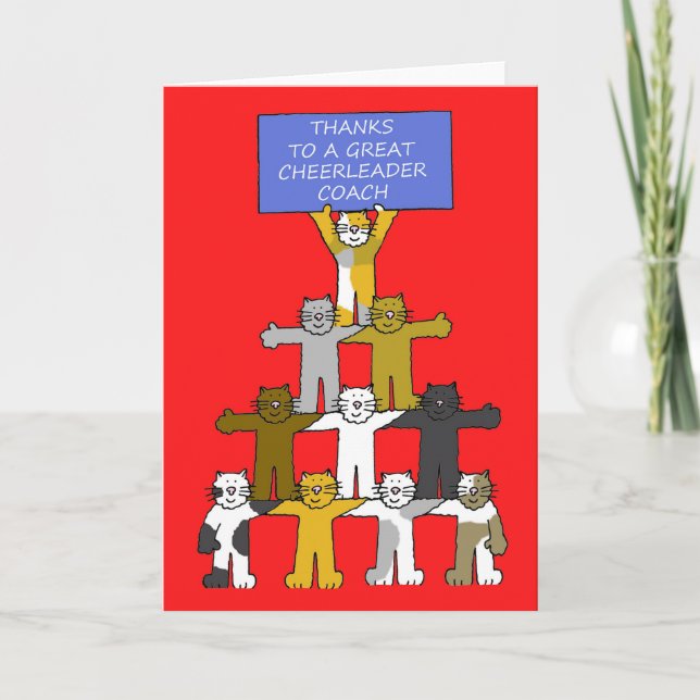 Thanks Cheerleading Coach Cartoon Cats Thank You Card (Front)