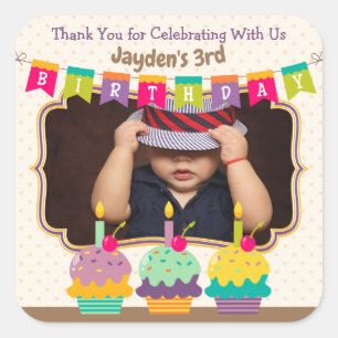 Thanks Favour Happy Birthday Cupcakes Bunting Phot Square Sticker