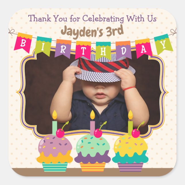 Thanks Favour Happy Birthday Cupcakes Bunting Phot Square Sticker (Front)